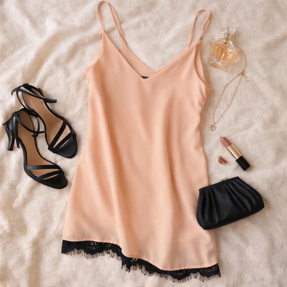 Lulus‎ Peach Chiffon Cami Dress with Black Eyelash Lace Trim XS New